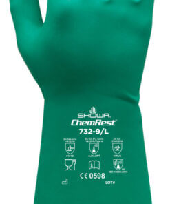 Handschoen nitril groen met vlokvoering chemicaliën bestendig lengte 31 cm