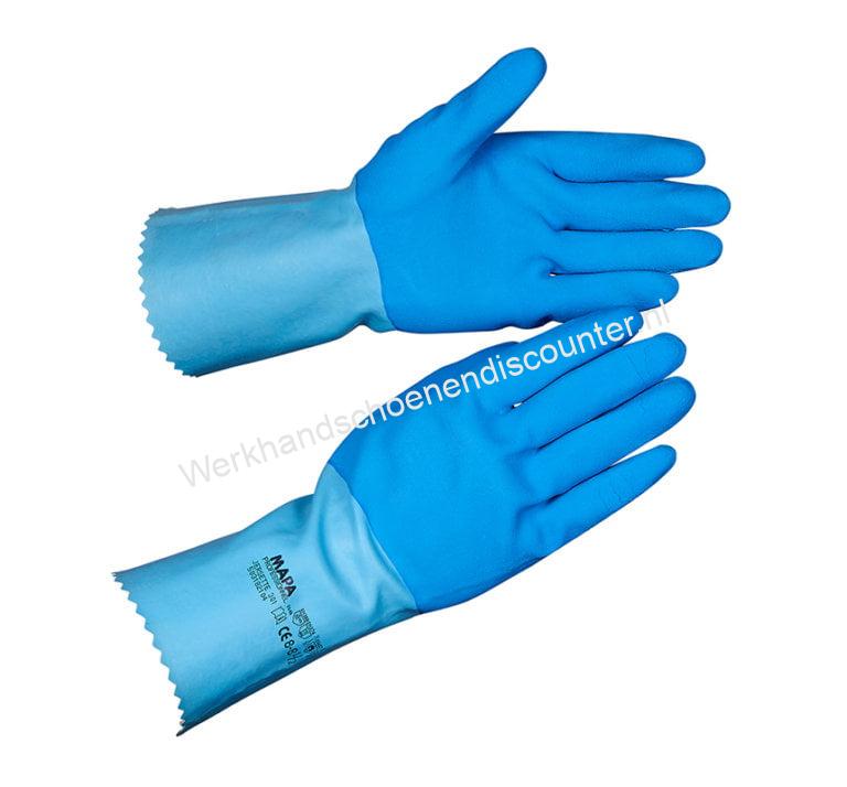 Handschoen MAPA Jersette 301 latex blauw met tricot voering lengte 31 cm antislip profiel. EN 388 EN 374