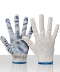 Katoenen rondbrei handschoen met antislip pvc nopjes op de palm en afgezet met blauwe bies