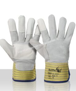 Werkhandschoen splitleder met rundlederen palm en vingertopversterking met geel/blauw streepdoek. EN 388 Beschikbaar in maten 11 Type: SPLITLEDER