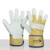 Werkhandschoen rund/boxleder 1,1 mm dik met geel/blauw streepdoek en 10 cm kap. EN 388 Beschikbaar in maten 10,5 Type: BOXLEDER