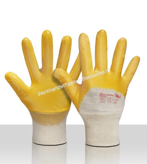 Werkhandschoenendiscounter BULL TRILE lichte NBR nitril coating op een katoenen interlock voering met tricot boord. EN 388