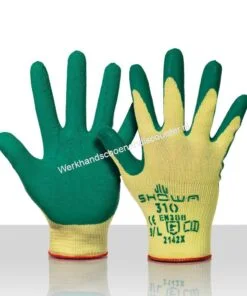 Werkhandschoenendiscounter SHOWA 310 groene latex antislip coating op een polyester/katoenen onderhandschoen