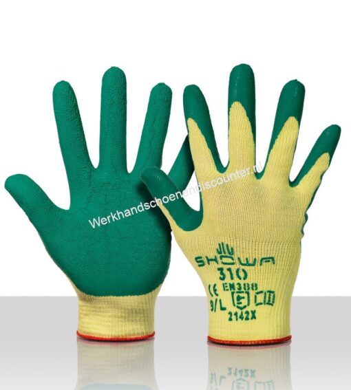 Werkhandschoenendiscounter SHOWA 310 groene latex antislip coating op een polyester/katoenen onderhandschoen