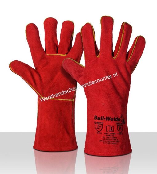 Lashandschoen WELDER van rood/bruin splitleder en moltonvoering lengte 35 cm. EN 388 EN 407 Beschikbaar in maten 10 Type: Lashandschoen
